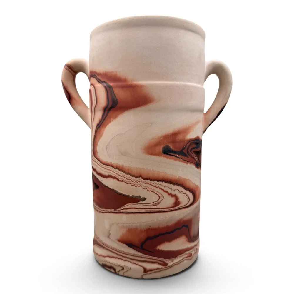 American Southwest Marbled Agateware Pottery Vase Two Handle Terracotta USA Made